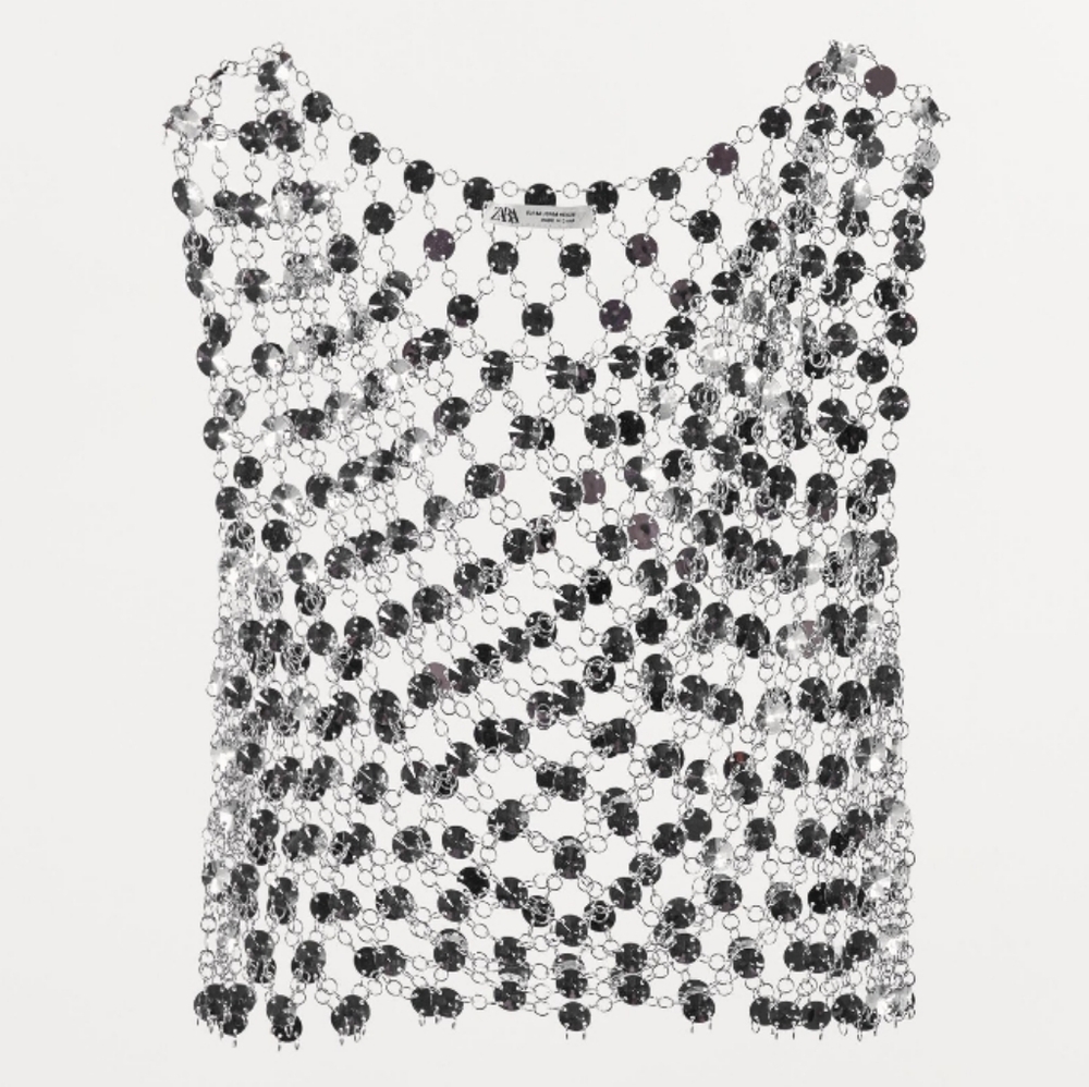 ZARA JEWEL CROP TOP METALLIC SILVER SIZE M